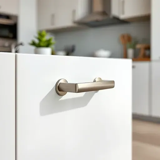 Close-up of a polished stainless steel cabinet handle on a white kitchen cabinet with subtle wood grain and modern kitchen details