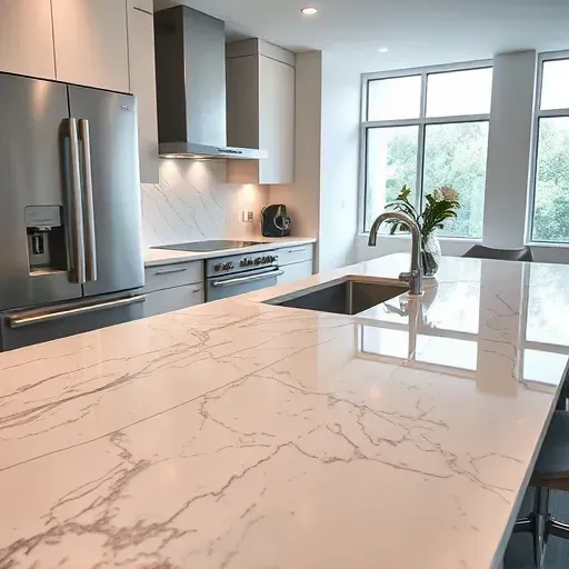 Elegant marble kitchen countertop with natural veining and polished surface in a modern upscale kitchen with sleek appliances.