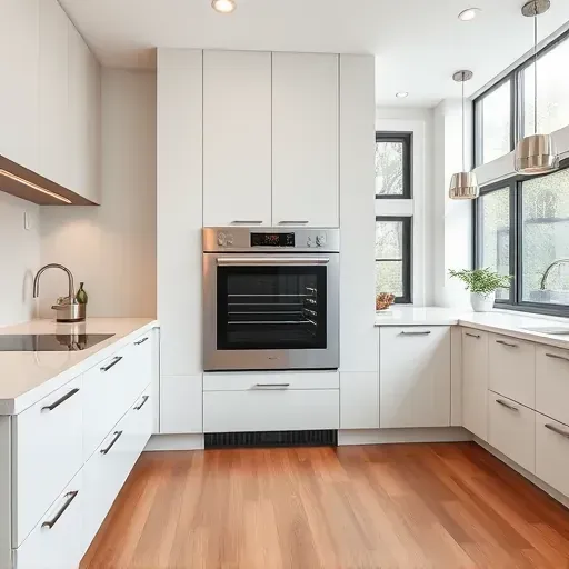 Modern kitchen with built-in stainless steel oven, sleek cabinetry, quartz countertops, hardwood flooring, and bright natural light