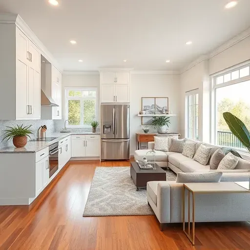 Renovated kitchen with modern white cabinetry, granite countertops, stainless appliances, and inviting living room decor.