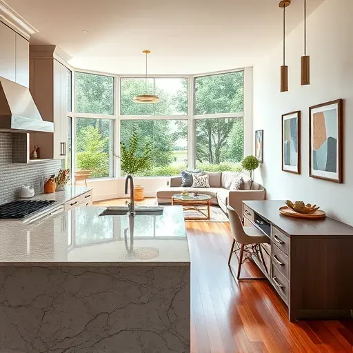 Home remodeling showcase in Switzerland FL featuring a stylish kitchen with granite countertops, modern appliances, and serene greenery.