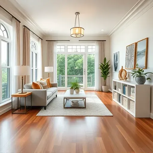 Renovated living room in Mayport FL featuring coastal design, natural light, hardwood floors, and modern decor.