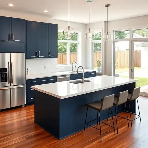 Freshly remodeled Jacksonville kitchen with navy cabinetry, stainless appliances, white marble island, and natural light.