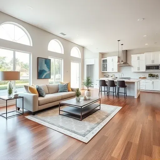 Modern remodeled living room in Ponte Vedra FL with open floor plan, hardwood floors, large windows, and stylish furniture.