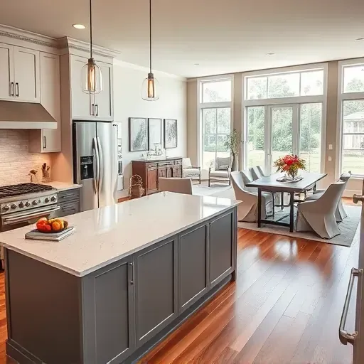 Modern kitchen remodel in Hilliard FL with quartz countertops, stainless steel appliances, and elegant pendant lighting.