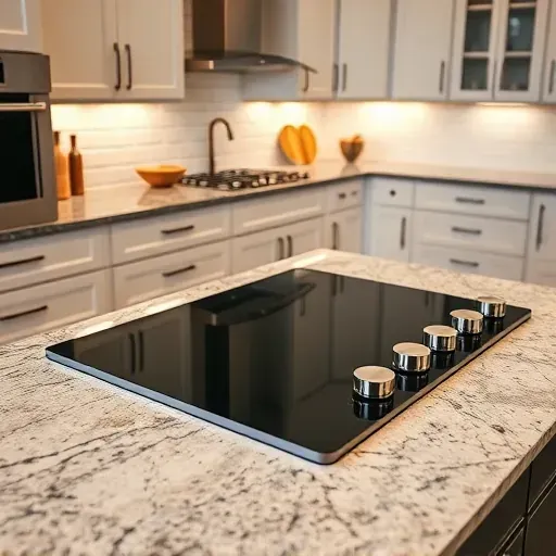 Modern ceramic cooktop installed on sleek granite countertop in stylish kitchen with cabinetry and ambient lighting