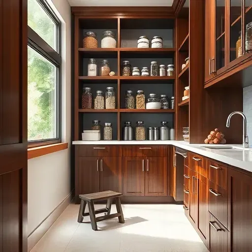 Walk-in pantry with dark-stained wood shelves, glass jars, labeled canisters, natural light, tiled floor, modern style