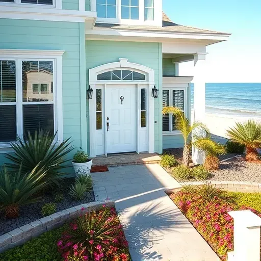Completed home remodeling in Neptune Beach FL featuring soft seafoam green façade, vibrant landscaping, and coastal views.