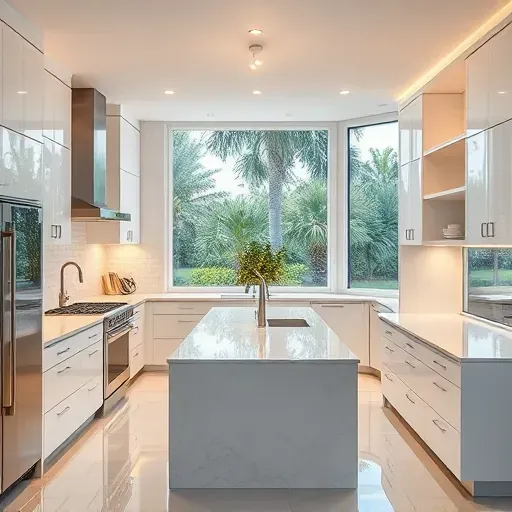 Completed modern kitchen with white cabinets marble island LED lighting stainless steel appliances Florida greenery view
