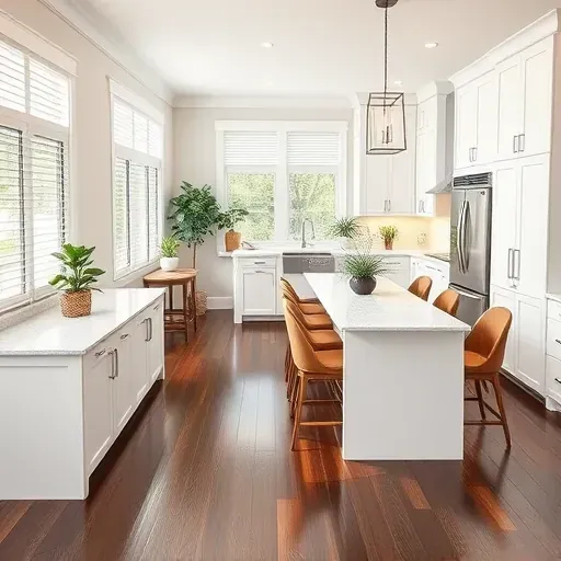 Modern kitchen remodel in Bryceville FL with sleek white cabinetry, quartz countertops, and dark hardwood floors.