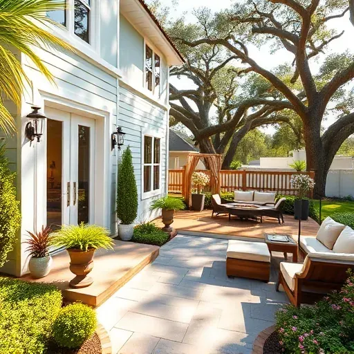 Home remodeling in Green Cove Springs FL featuring a pastel facade, elegant entrance, and a welcoming backyard deck.
