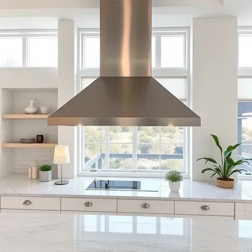 Modern Jacksonville kitchen with sleek stainless steel range hood, marble counters, nautical decor, and abundant natural light