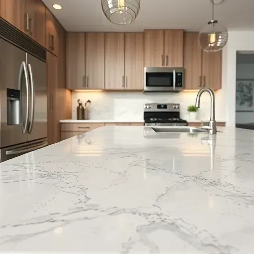 Modern kitchen with glossy quartz countertop featuring intricate veining, vibrant colors, seamless edges, and sleek stainless steel appliances