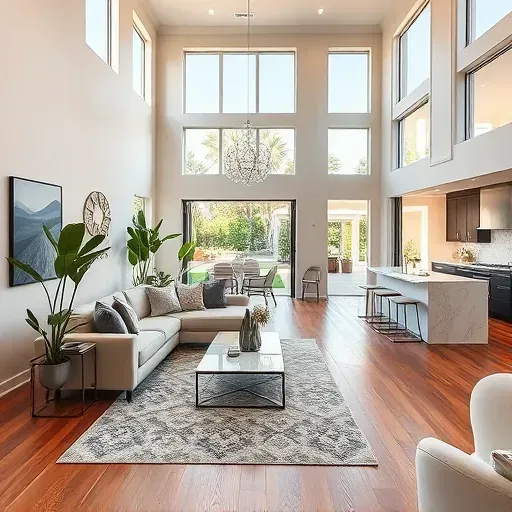 Modern open-concept living room in Asbury Lake FL with stylish décor, high ceilings, and seamless kitchen integration.