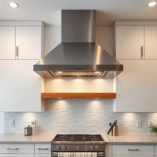 Modern kitchen with stainless steel range hood, sleek cabinetry, granite countertop, tiled backsplash, and ambient lighting