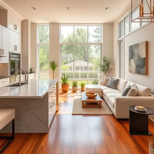 Modern kitchen and living room remodel in Lakeside FL with sleek appliances, marble countertops, and stylish decor.