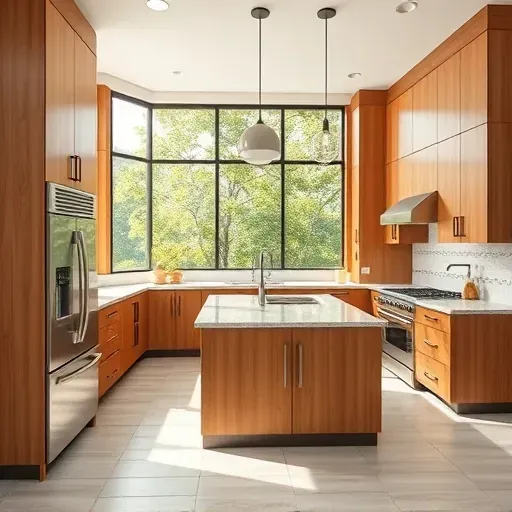 Renovated Jacksonville kitchen with wood cabinets granite countertops stainless steel appliances island pendant lighting and lush outdoor view