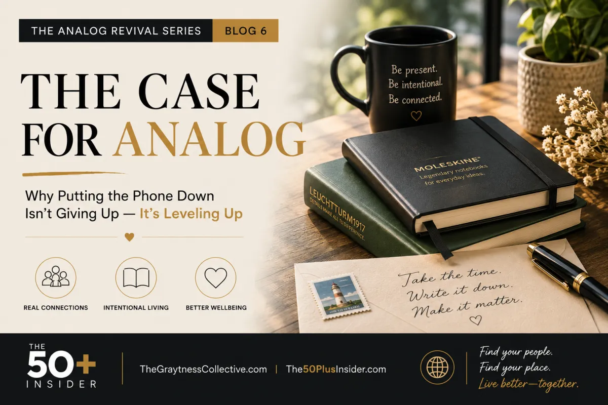 The Case for Analog blog cover with notebooks, coffee mug, and handwritten letter on a desk.