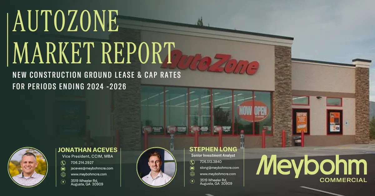 AutoZone storefront with market report data showing ground lease cap rate and rent trends.