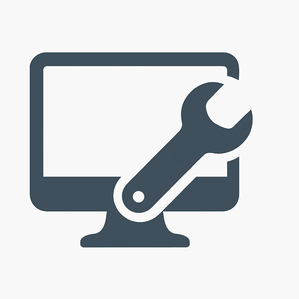 Computer repair icon showing a desktop monitor with a wrench symbol, representing technical service and diagnostics for PC issues.