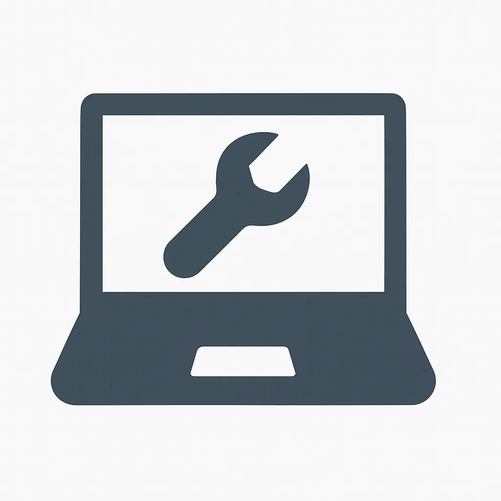 Laptop repair icon showing a simplified laptop with a wrench overlay, representing screen and battery replacement services.