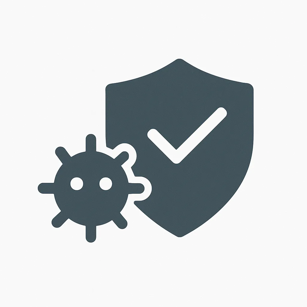 Icon representing virus removal and system tune-up, featuring a shield with a checkmark and a virus symbol to illustrate protection and optimization.