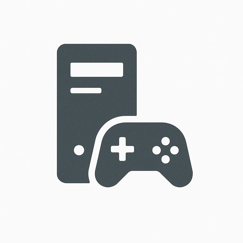 Custom PC builds icon featuring a desktop computer tower and gaming controller, symbolizing high-performance computers for gaming and productivity.
