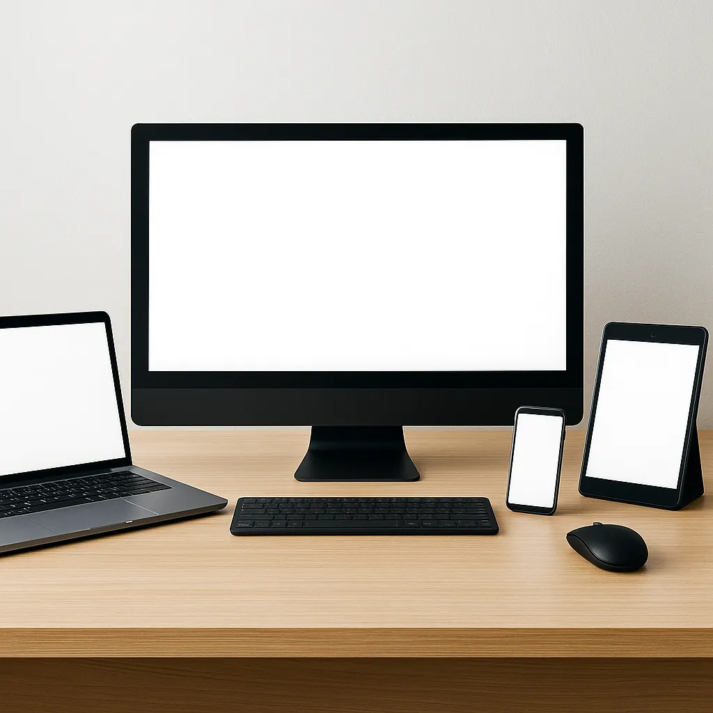 Modern office tech setup with desktop, laptop, tablet, and smartphone—representing commercial IT and repair services for businesses.