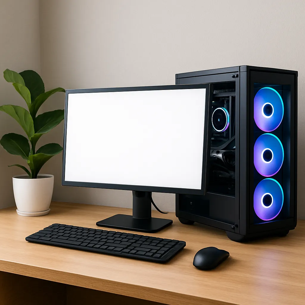 Residential tech workspace with RGB desktop computer, monitor, and keyboard—ideal for in-home repairs, upgrades, and setup services.