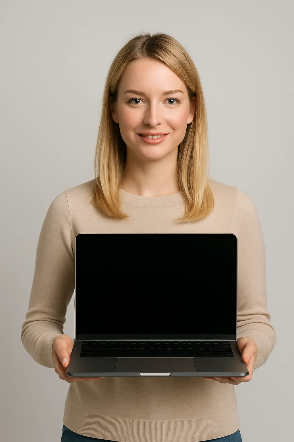 Jessica, a blonde woman smiling and holding a premium laptop—representing a satisfied customer using expert computer repair services.