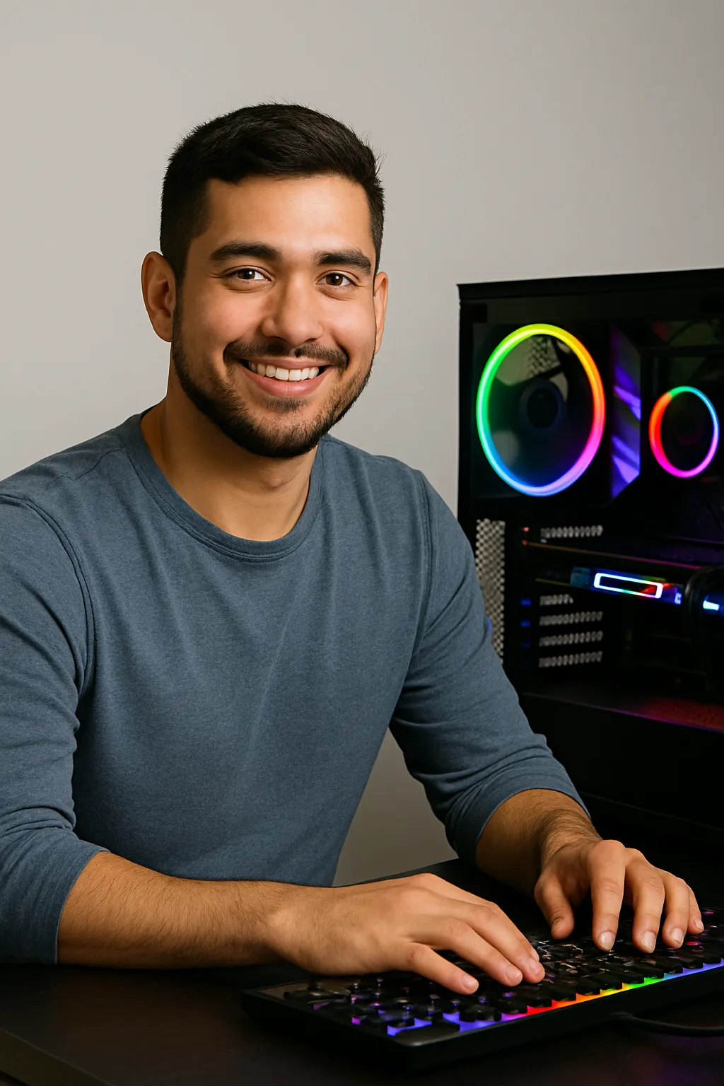 Miguel, a smiling man seated at his desk with a high-performance RGB gaming PC and keyboard—showcasing custom PC satisfaction and setup.