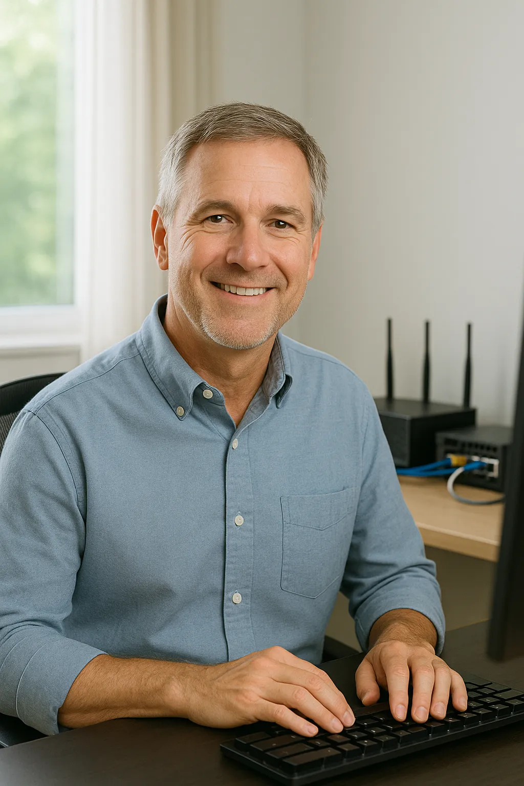 Smiling man seated in a modern office with networking hardware on the desk—representing a satisfied tech service customer in a professional setup.
