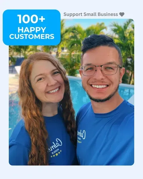 Smiling couple in blue Calmer Pools shirts by a pool, showcasing customer satisfaction with "100+ Happy Customers" text, emphasizing reliable pool service in South Florida.