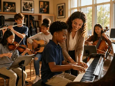 Diverse music class in warm sunlight
