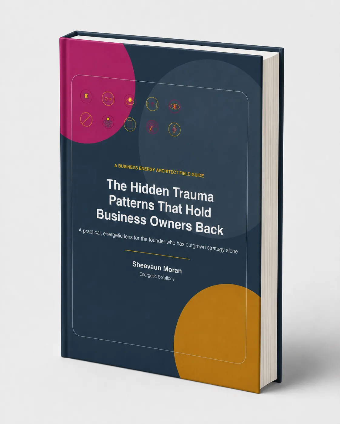 Hardcover eBook with vibrant blue and yellow cover, title 'Lead Magnet Mastery', standing upright on a clean white surface, soft shadow, modern sans-serif title, subtle reflection, 3:2 aspect ratio