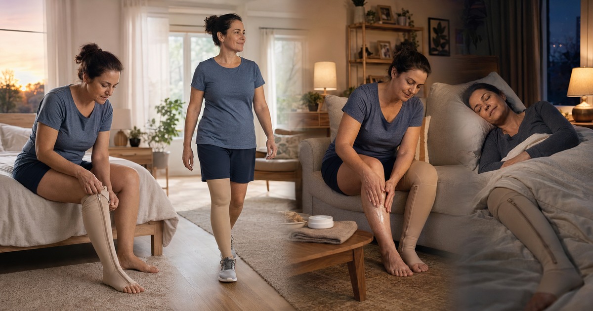 Daily lymphedema treatment routine from morning garment to nighttime compression
