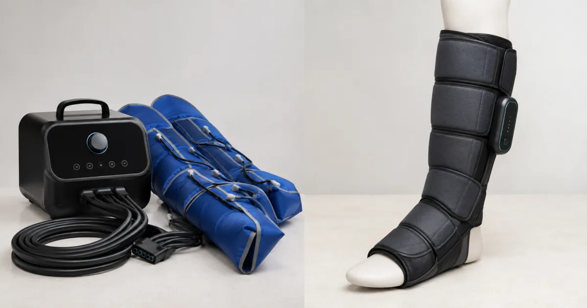 Stationary pneumatic lymphedema compression pump beside a wearable compression garment