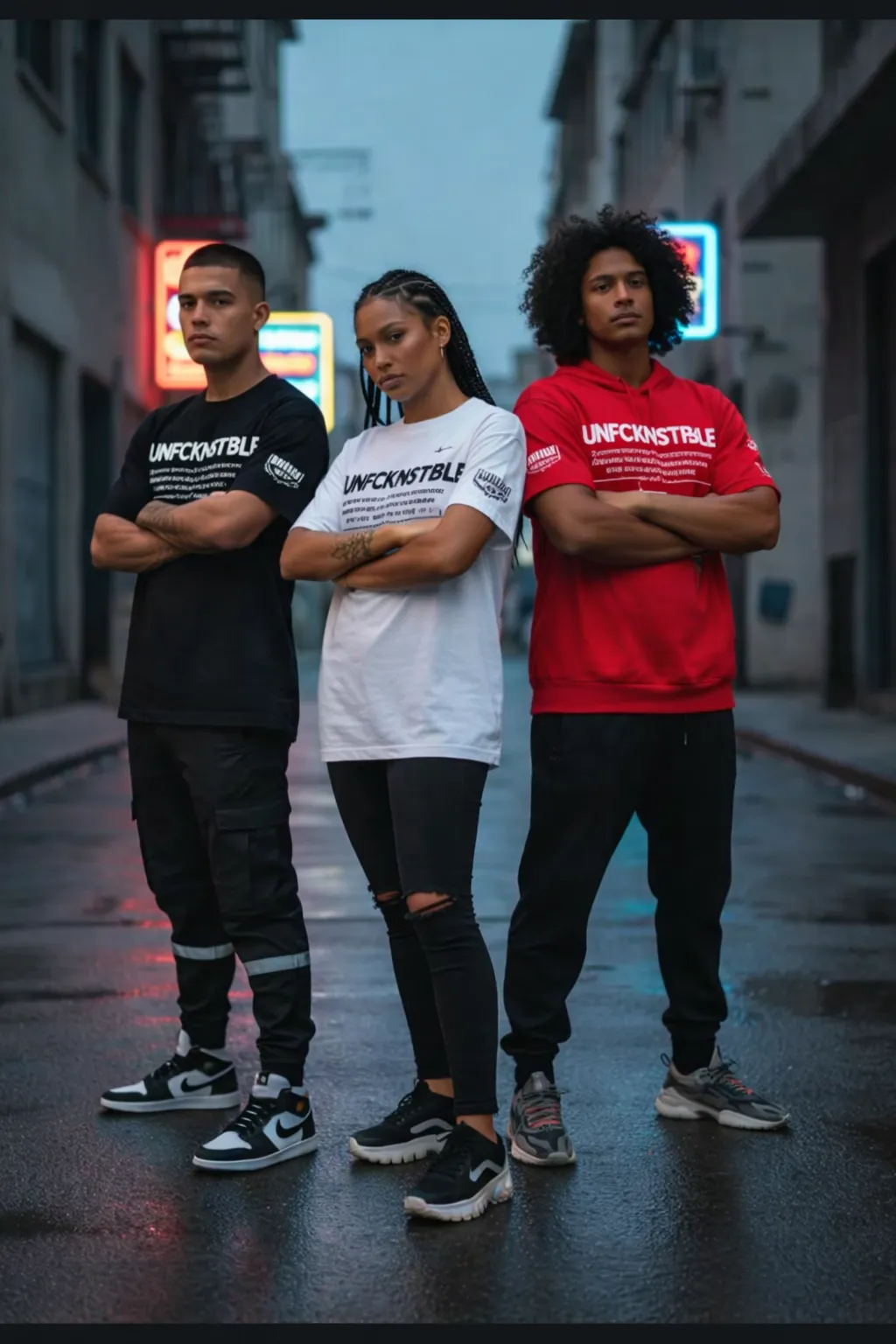 Models wearing Stand’on Business streetwear in an urban setting