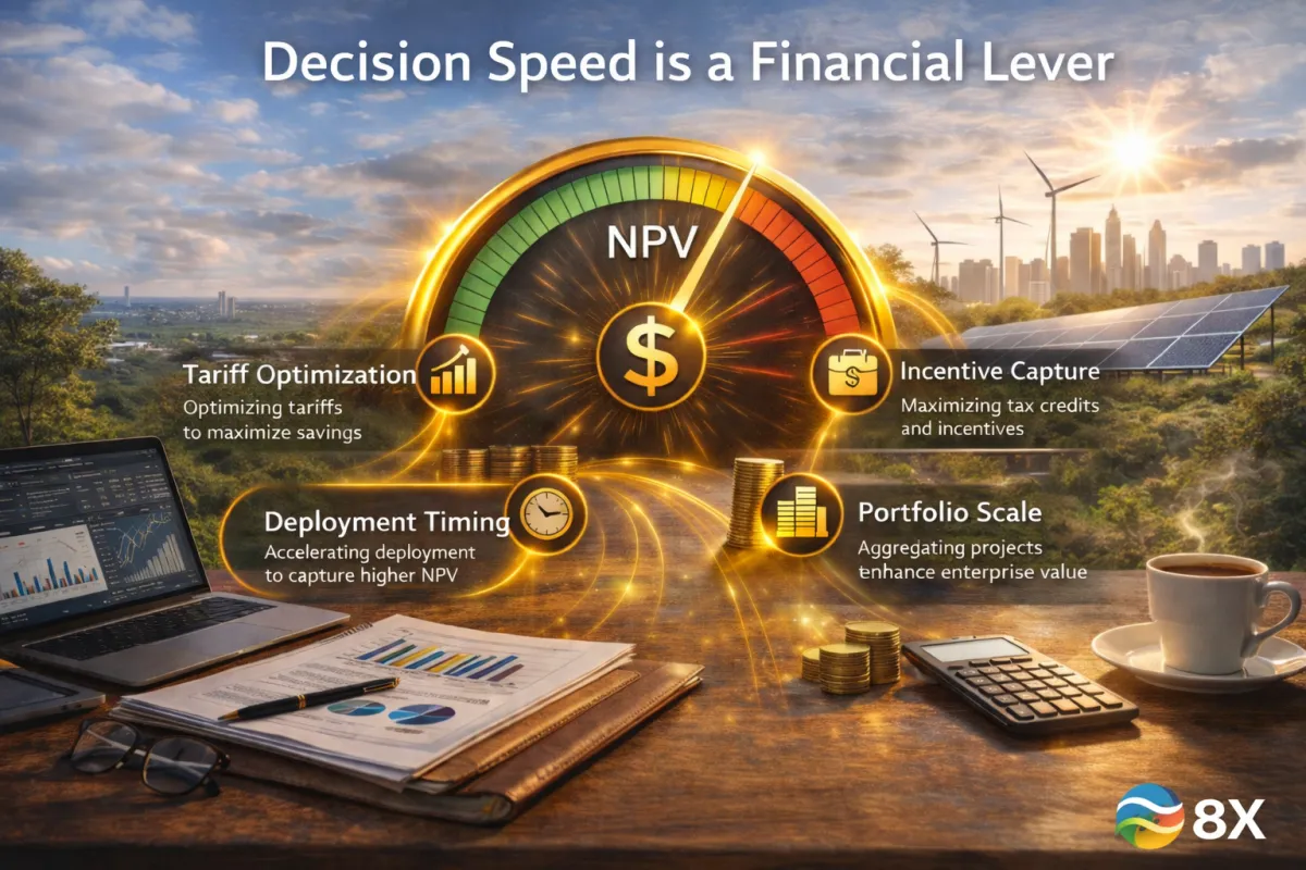 Infographic showing DER Design Velocity with a speedometer illustrating Net Present Value (NPV) growth, highlighting financial levers including tariff optimization, deployment timing, incentive capture, and portfolio scale in distributed energy resources