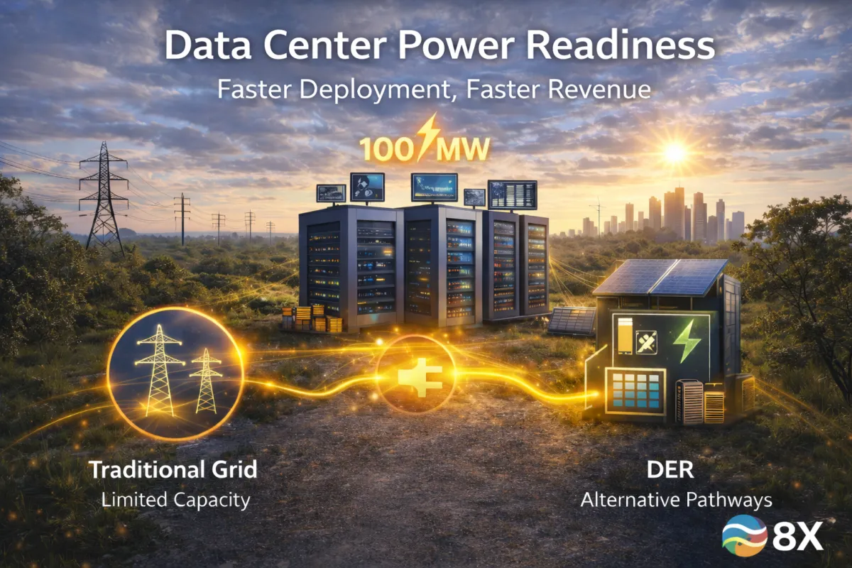 Data center power readiness infographic showing traditional grid versus Distributed Energy Resources (DER) pathways, highlighting how alternative energy solutions accelerate deployment and enable faster time-to-revenue.