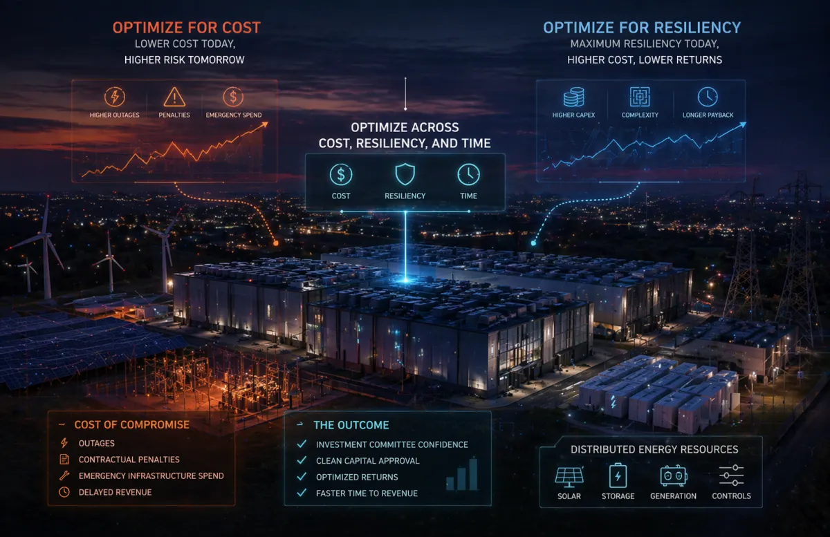 Data center image showing cost vs resiliency tradeoff and how DER optimizes both.