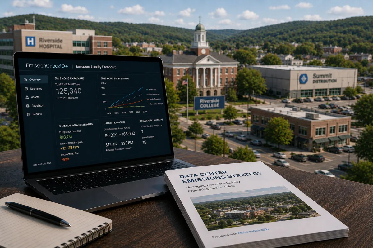 Modern workspace overlooking a small town with a hospital, college, and commercial buildings, featuring an EmissionCheckIQ+ dashboard analyzing emissions risk and financial exposure.