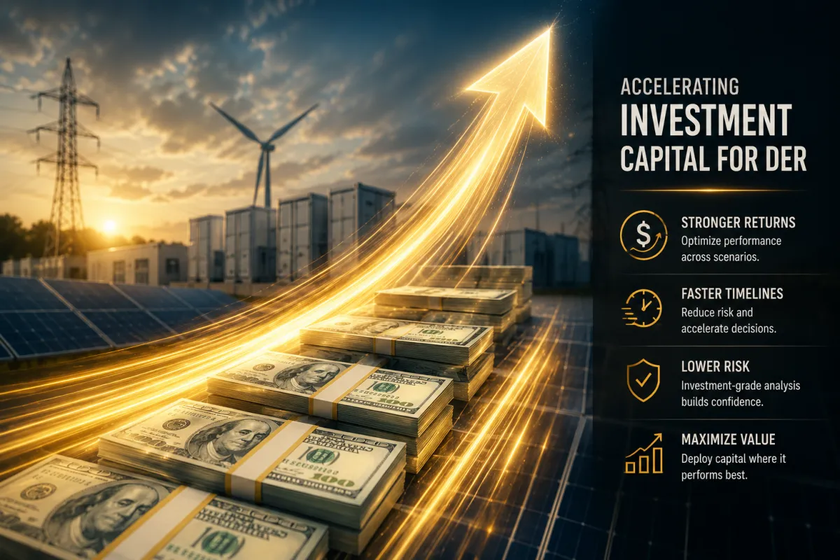 Photorealistic image of capital flowing into distributed energy resources, with stacks of U.S. currency, solar infrastructure, battery storage, and an upward growth trajectory representing accelerated investment.