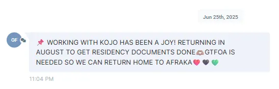 Screenshot of Ms. GG’s positive review sent via live chat on the GTFOA website, expressing satisfaction with the service.