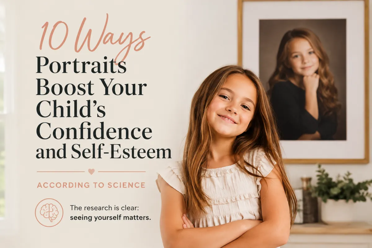 Smiling young girl standing confidently in front of a framed portrait of herself, illustrating how family portraits can support children's confidence and self-esteem.