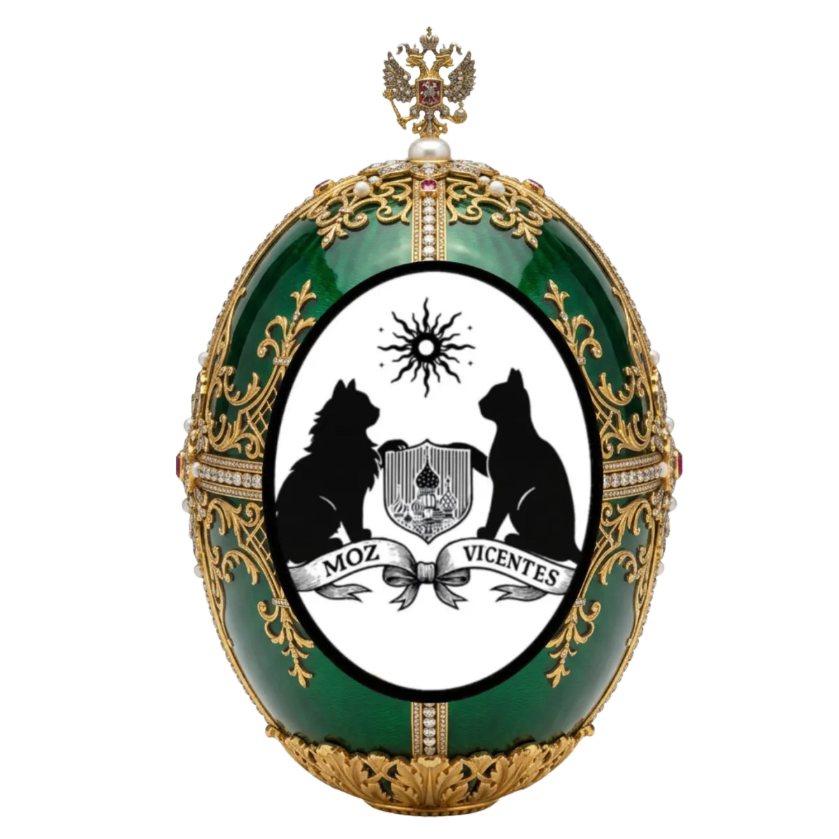 Moz Vicentes Media official logo featuring a custom-designed Fabergé egg with a black and white crest, set against a background of artisanal drafting tools, parchment, and pens for architectural content strategy.