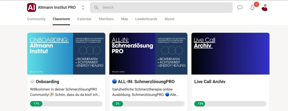 Altmann Institut PRO — Classroom-Übersicht mit Onboarding, Schmerzlösung PRO Kurs und Live Call Archiv