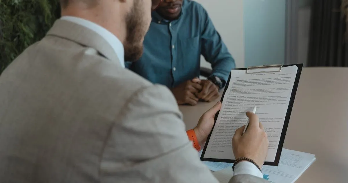 A manager reviewing a document on a clipboard during a meeting