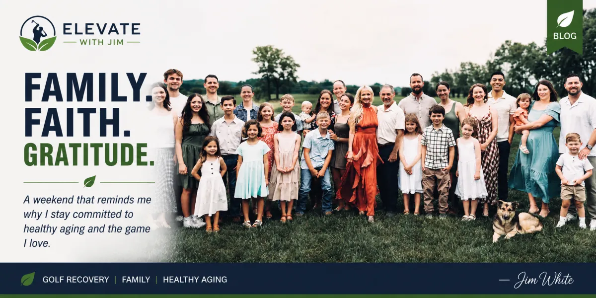 Jim White with his wife, children, spouses, and grandchildren at their annual family reunion, reflecting the importance of staying active and healthy as we age.
