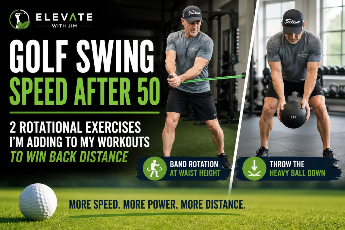 Golfer over 50 performing resistance band rotation and medicine ball exercises to improve golf swing speed, rotational power, and distance.